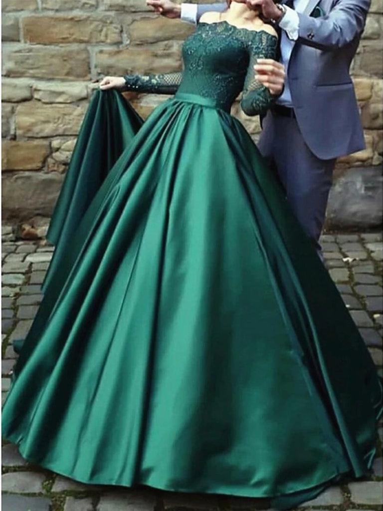 Long Sleeves Lace Emerald Green Prom ...
